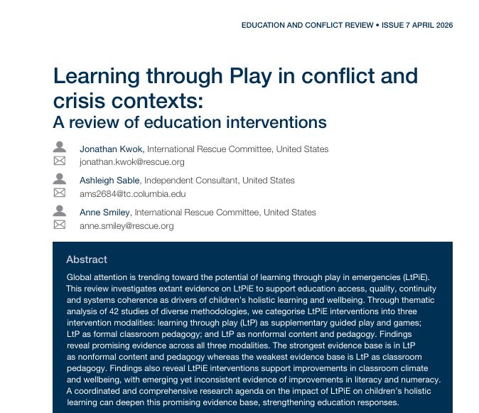 A new PlayMatters research study, Learning through Play in conflict and crisis contexts