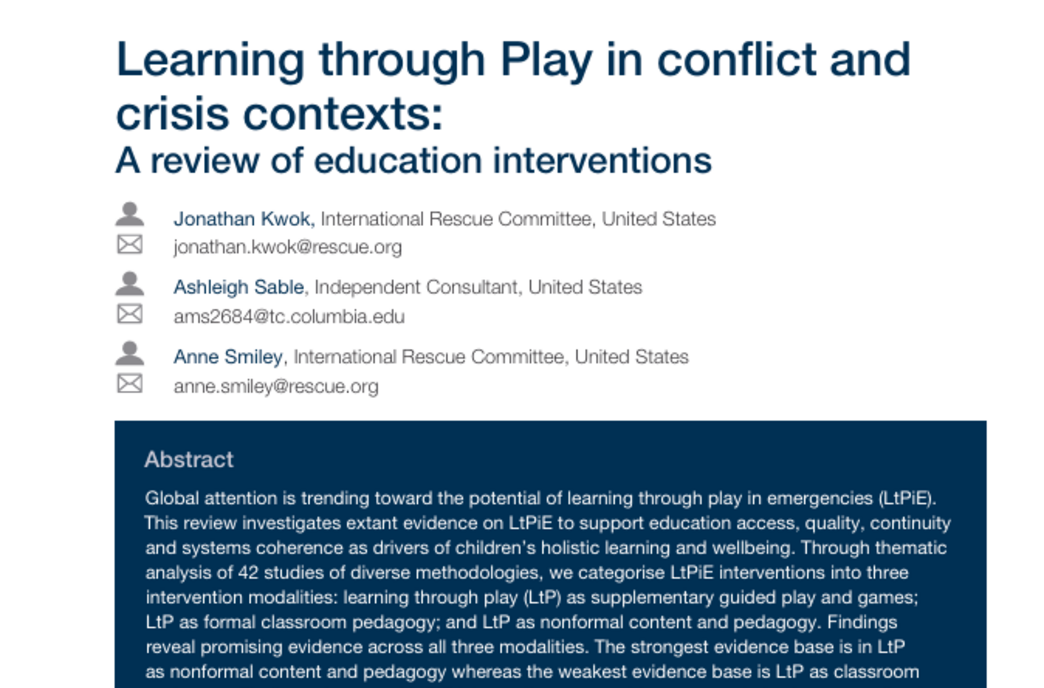 A new PlayMatters research study, Learning through Play in conflict and crisis contexts